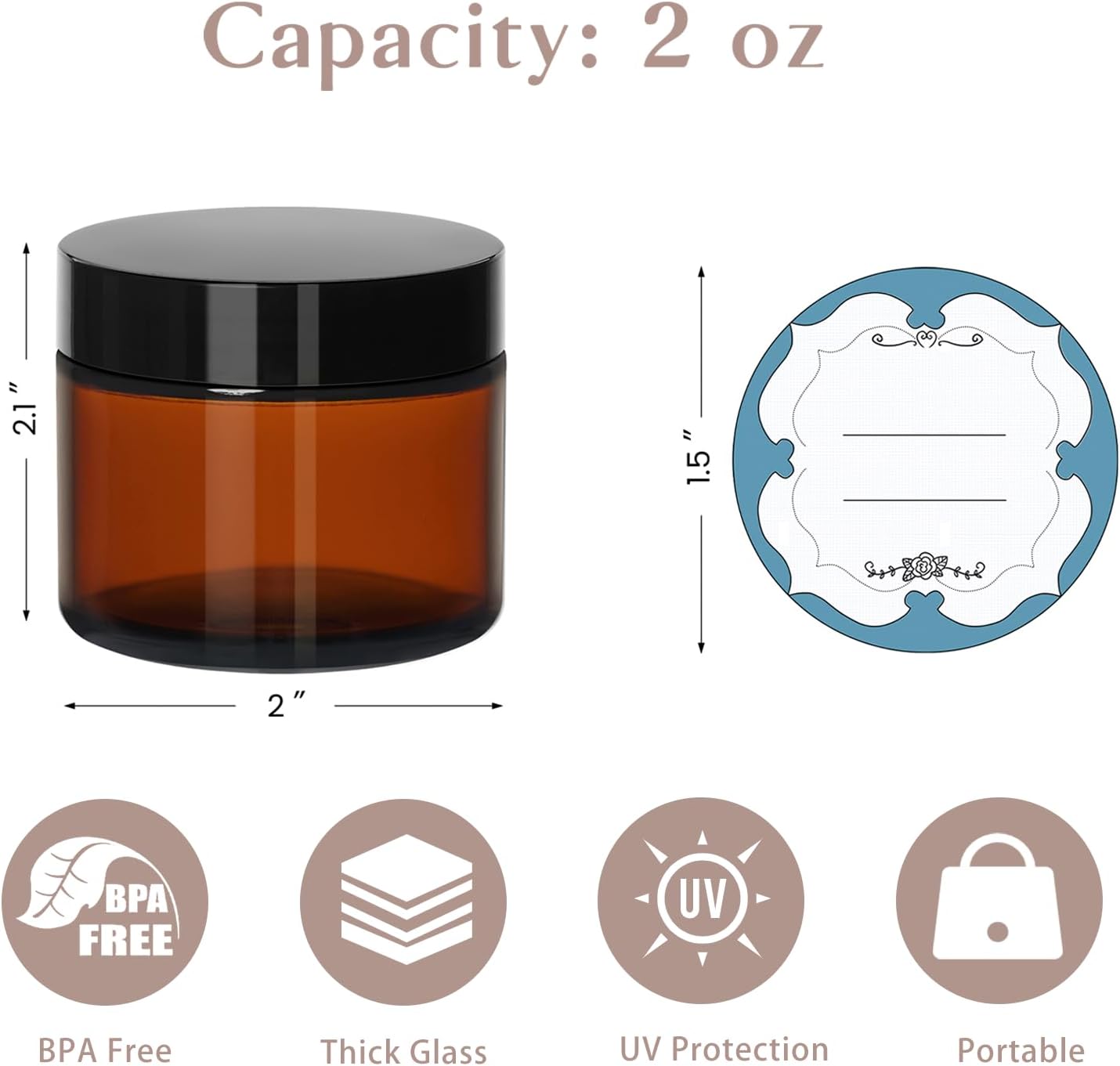 2 Oz Small Glass Jars with Lids, 12 Pack Airtight Amber Cosmetic Jars with Inner Liners Round Empty Travel Sample Containers for Lotions, Creams, Candles, Body Butters