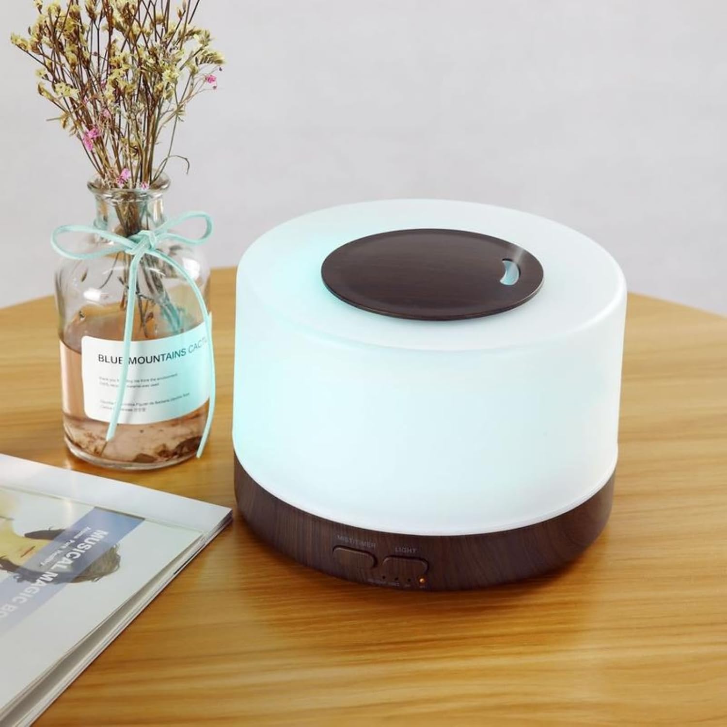 6 Oils, 500ml Ultrasonic Essential Oil Diffuser, Remote Control Wood Humidifier with 7 LED Mood Lights, Aromatherapy Diffuser for Home, Office, and Relaxation (Walnut Wood)