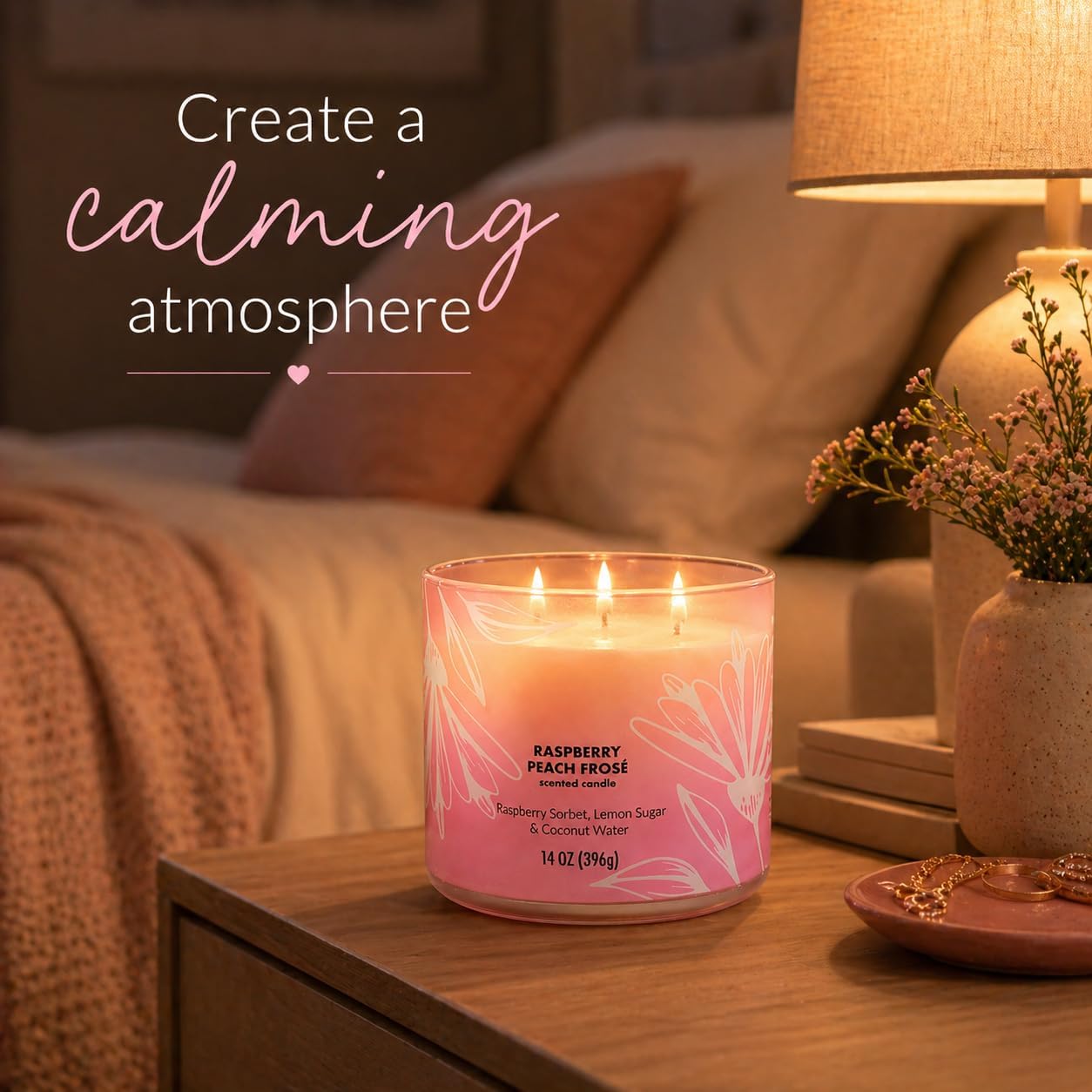 3 Wick Scented Candle, 14 oz, Ombre Glass Jar, Raspberry Peach Fragrance, Decorative for Living Room, Bedroom, and Gift