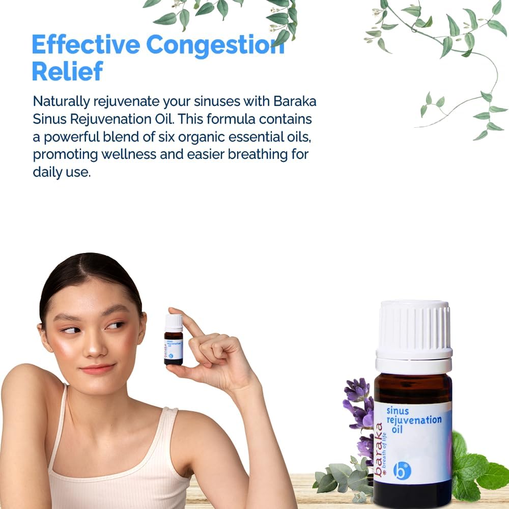 Baraka Sinus Rejuvenation Oil – Blend of 6 Organic Essential Oils for Clear Nasal Breathing, Eases Sinus Pressure, & Offers Relaxing Nasal Health Support | Ideal for Daily Use – 4ml (2-Pack)