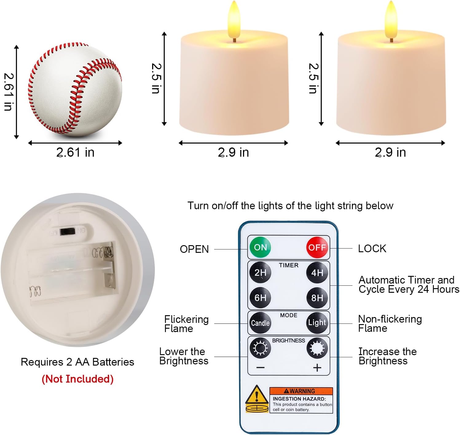 Raycare 3"x2.5" White Outdoor Waterproof Flameless Candles with Remote and Timer, Realistic LED Candles, Battery Operated Electric Fake Pillar Candles for Porch, Patio, Garden, Set of 2