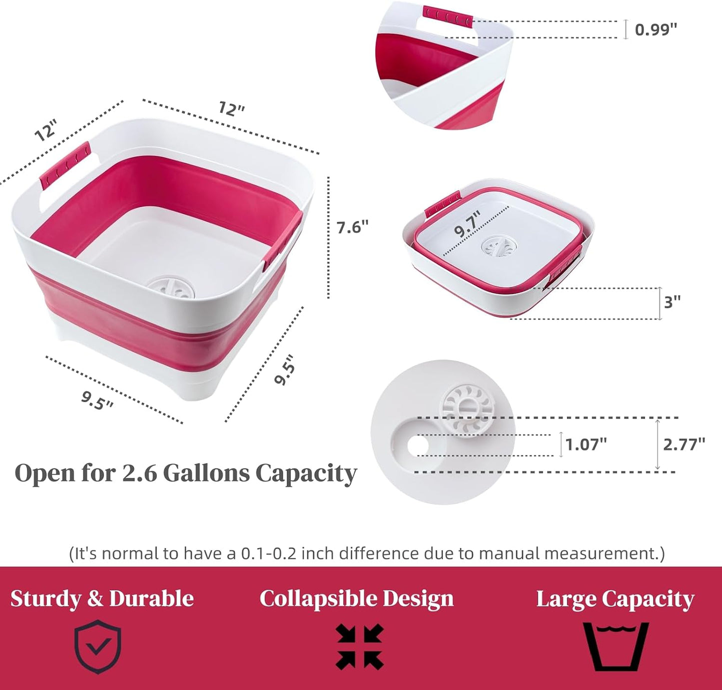 GIMWA 2.6 Gal(10L) Collapsible Camping Sink, Magenta Space-Saving Collapsible Dish Basin with Drain Plug for bottle washing, Collapsible Bucket for RV Essentials and Foot Soaking