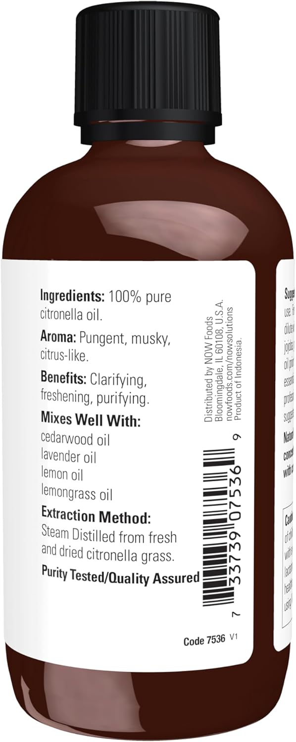 NOW Essential Oils, Citronella Oil, Freshening Aromatherapy Scent, Steam Distilled, 100% Pure, Vegan, Child Resistant Cap, 4-Ounce