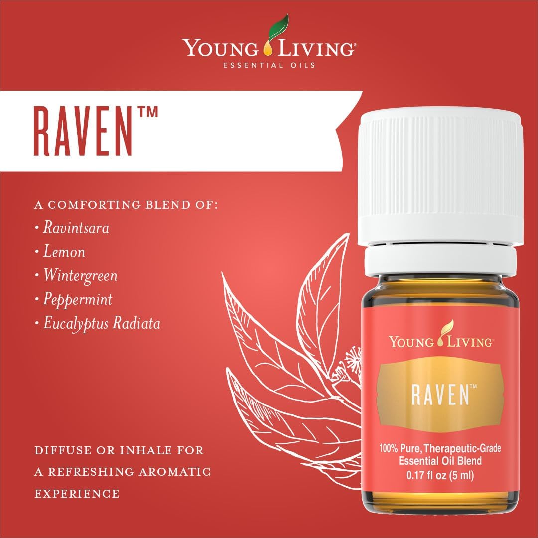 Young Living Raven Essential Oil Blend | 5 ml | Refreshing Aromatic Blend for Diffusers, Diluted Topical Use & Bath Time | Eucalyptus, Lemon, Wintergreen & Peppermint Oils | Portable Bottle