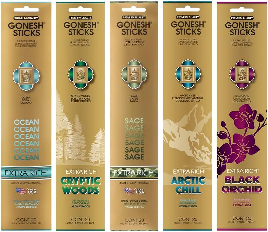 Gonesh - Extra Rich Scented Incense Sticks Variety Pack - Non-Toxic 10” Slow Burn Aromatic Sticks - Ocean, Cryptic Woods, Sage, Arctic Chill, Black Orchid - 5 Packs of 20