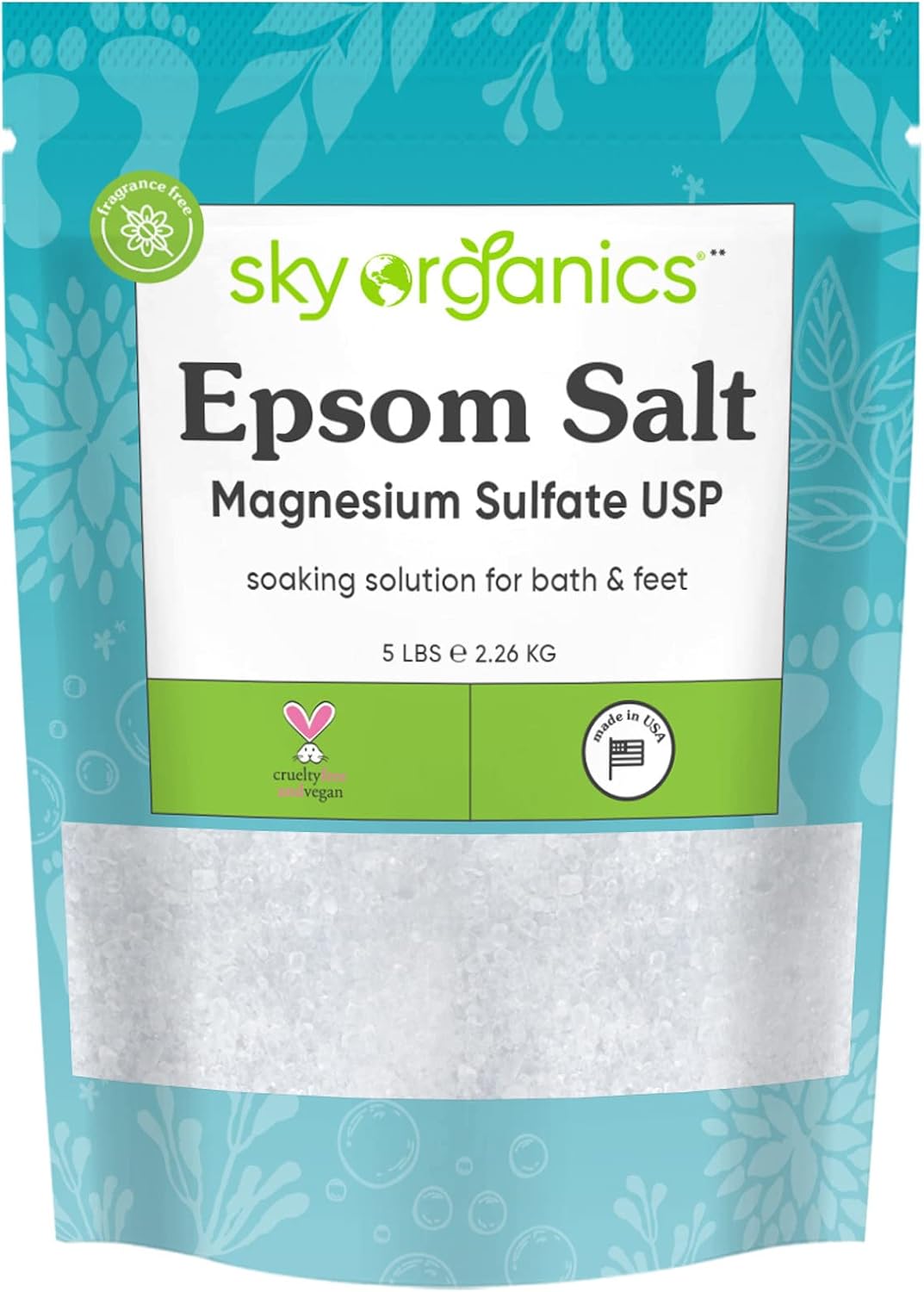 Sky Organics - Epsom Salt Bath Soak, 5 lbs - Magnesium Sulfate USP - 100% Pure, Medium Grain - Unscented - Soaking Bath Salts - Resealable Bag - Natural, Vegan & Cruelty Free - Self Care - Bath & Feet