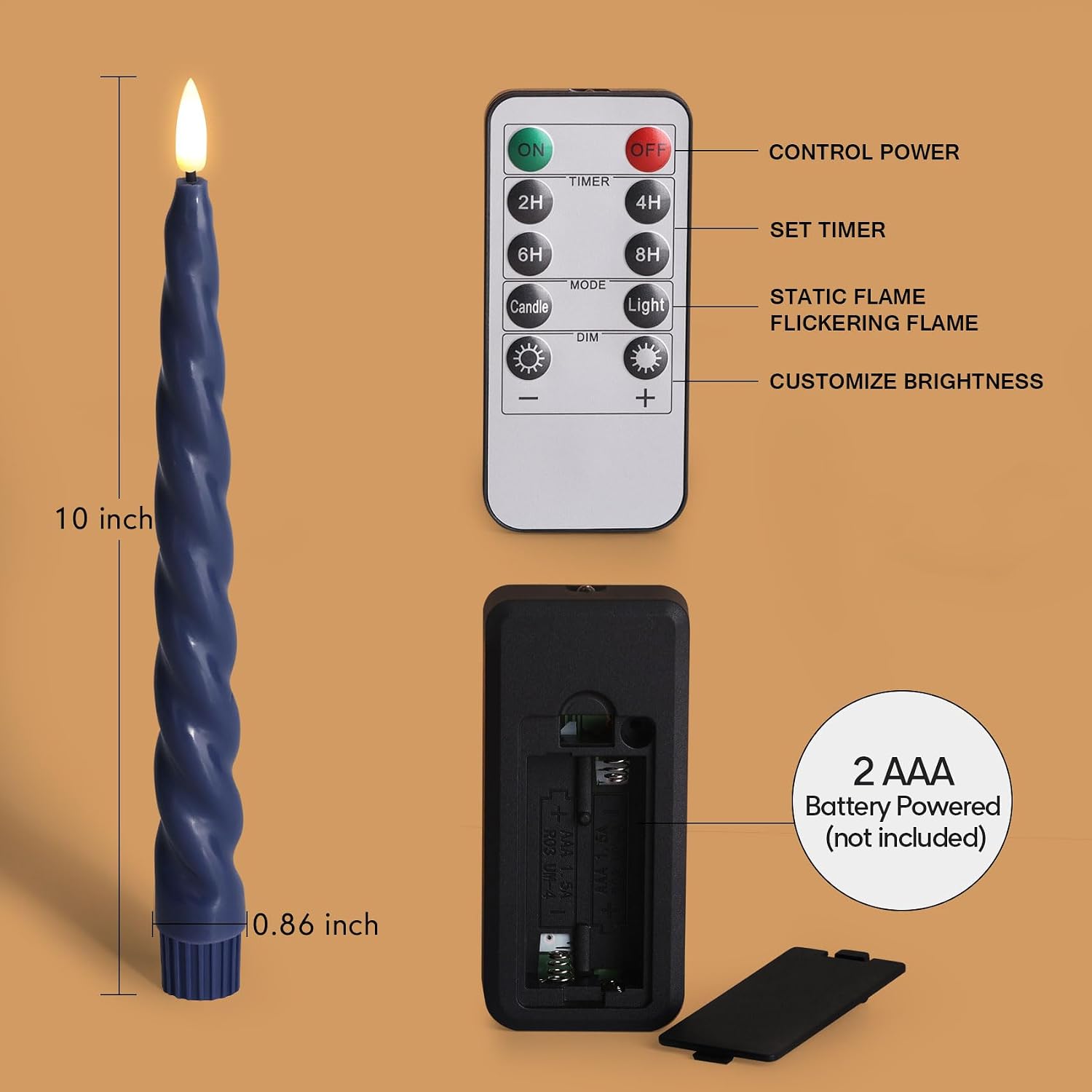 Spiral Flameless Taper Candles with Remote, Navy Blue Candles Battery Operated, Flickering LED Wax Candlesticks Set of 6