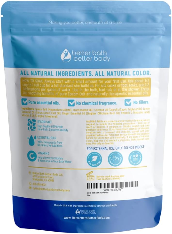 Detox Bath Salt 32 Ounces (2 Lbs) USP Grade Epsom Salt with Natural Ginger and Lemon Essential Oils Plus Vitamin C in BPA Free Pouch with Easy Press Lock Seal Made in USA