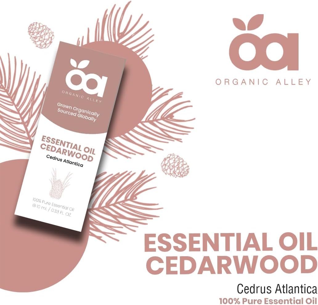 Cedarwood Essential Oil by Organic Alley | 100% Pure, Undiluted and Natural Cedrus Atlantica Oil | Skin, Hair, Stress and Body Balance | (0.33 Fl Oz)