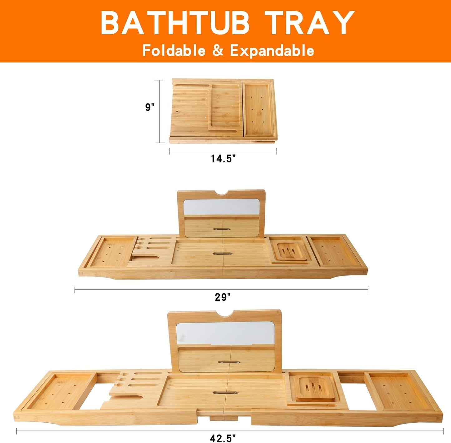 Bathtub Tray Table with Mirror and Bath Pillow, Expandable and Foldable Bamboo Bath Tray for Tub Soft and 4D Mesh Bathtub Pillow Luxury Bath Accessories Spa Gifts