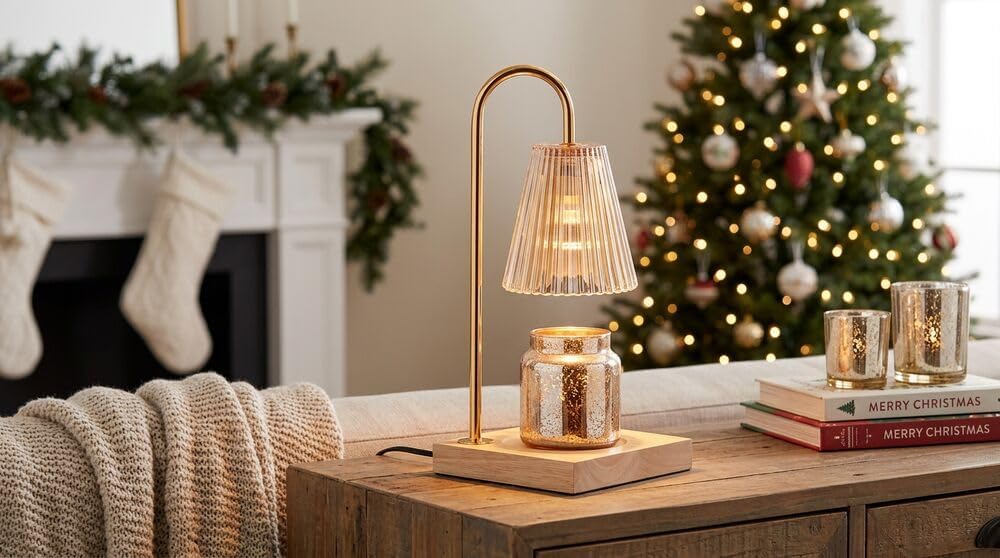 Mikasa Electric Candle Warmer with Amber Glass Shade - 13.8 Inch Lamp Warmer with Wooden Base, 50 Watt Halogen Bulb Included, Dimmer Switch, Safe Flameless Fragrance for Home Décor