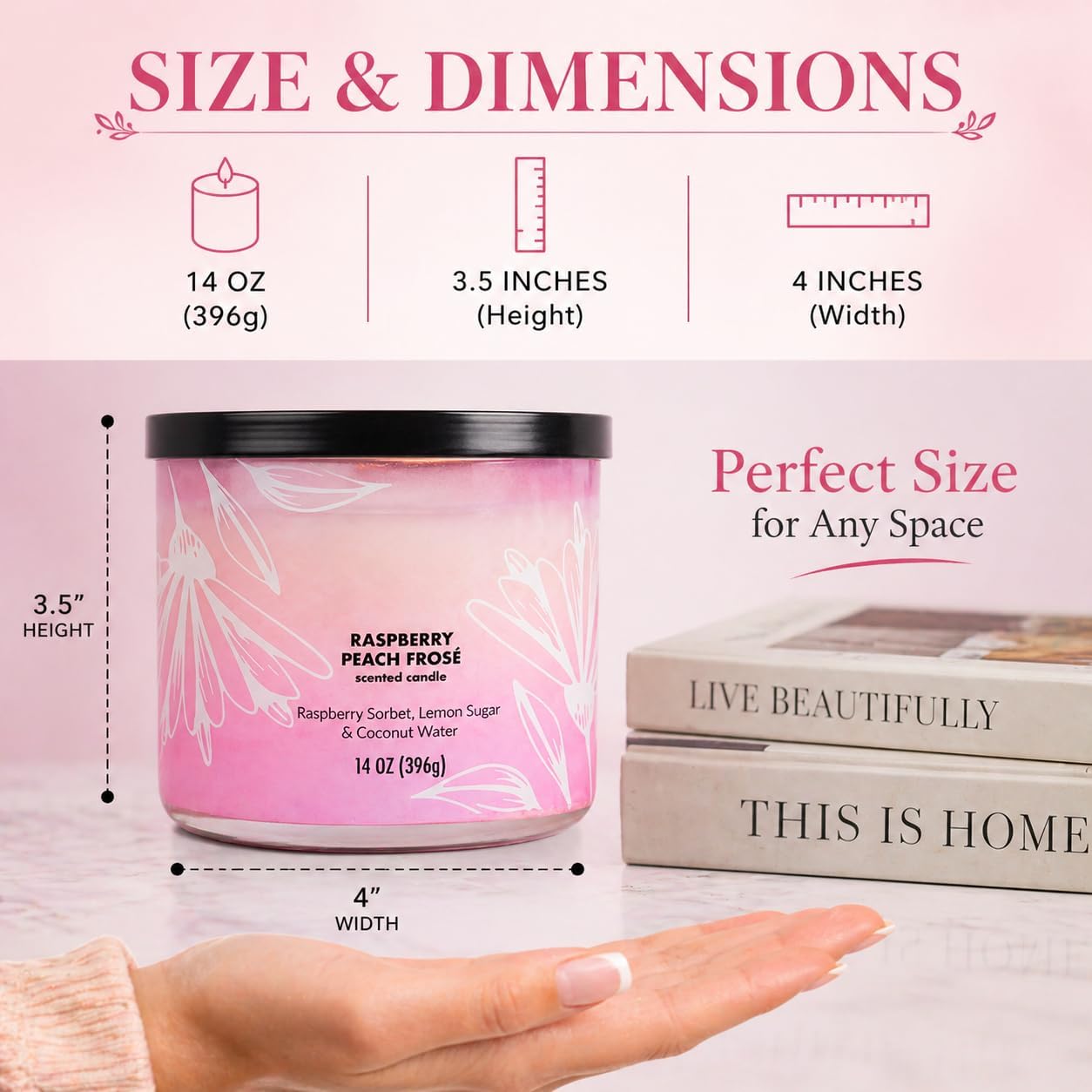 3 Wick Scented Candle, 14 oz, Ombre Glass Jar, Raspberry Peach Fragrance, Decorative for Living Room, Bedroom, and Gift