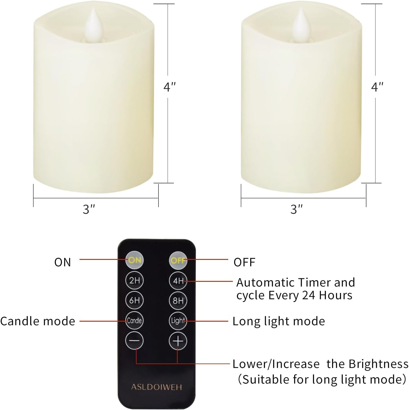 3x4 Flickering Flameless Candles Set of 2, 2AA Battery Life 600 Hours Battery Candles Flickering with Timer,4 inch Flameless Candles with Remote for Indoor/Outdoor, Ivory