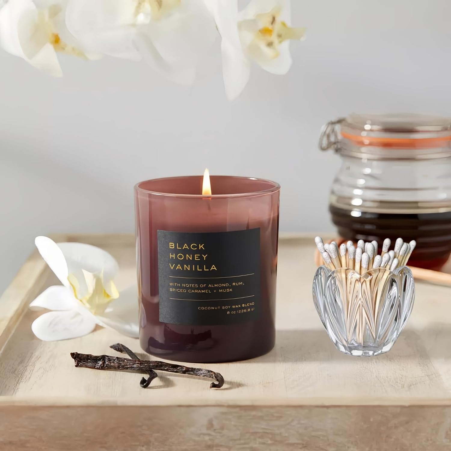 Glass Match Holder with Striker - Matches in a Jar for Bathroom Candle, or Fireplace - Housewarming Gift for Candle Lover - Flower Style Candle Accessories, Matches Not Included