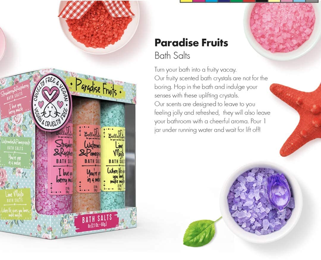 Bath Salts for Women – Relaxing Spa & Foot Soak – Bella & Bear Paradise Fruits – Fruity Scented Bath Soak Gift Set (6 Pack, 2oz) – Vegan & Cruelty-Free