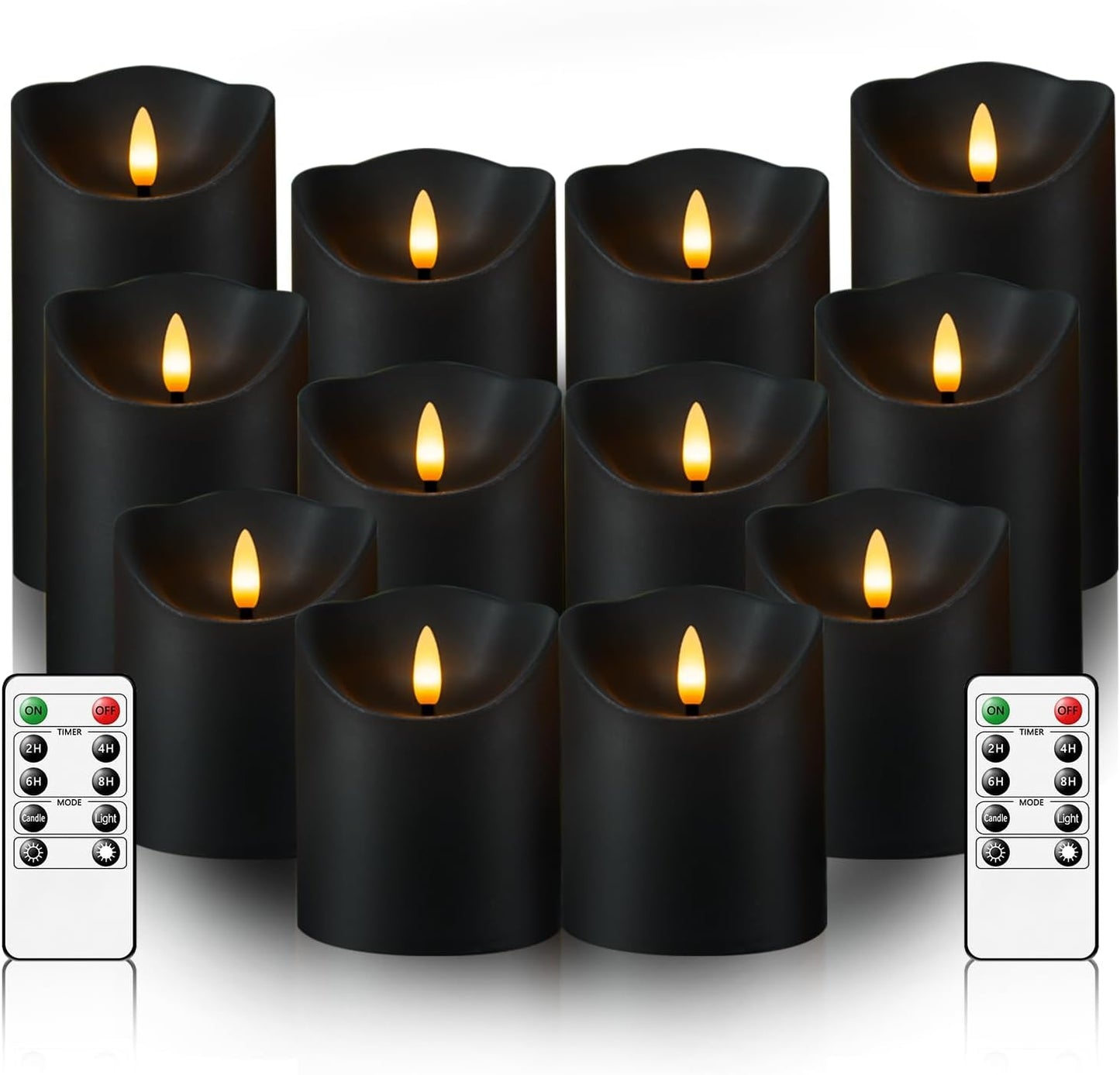 kakoya Flameless LED Candles Battery Operated with Remote and Timer,Flickering Electric Fake Plastic Pillar Candles Set of 12(D3 x H 3" 4" 5") Black