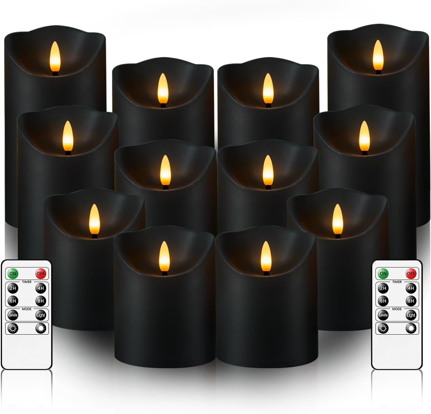 kakoya Flameless LED Candles Battery Operated with Remote and Timer,Flickering Electric Fake Plastic Pillar Candles Set of 12(D3 x H 3" 4" 5") Black