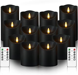 kakoya Flameless LED Candles Battery Operated with Remote and Timer,Flickering Electric Fake Plastic Pillar Candles Set of 12(D3 x H 3" 4" 5") Black