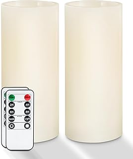 Homemory 9" x 3" Flameless Candles Battery Operated, Flickering LED Pillar Candles with Timers and 2 Remote Controls, Indoor Only, Flat Top, Ivory White Wax, Set of 2