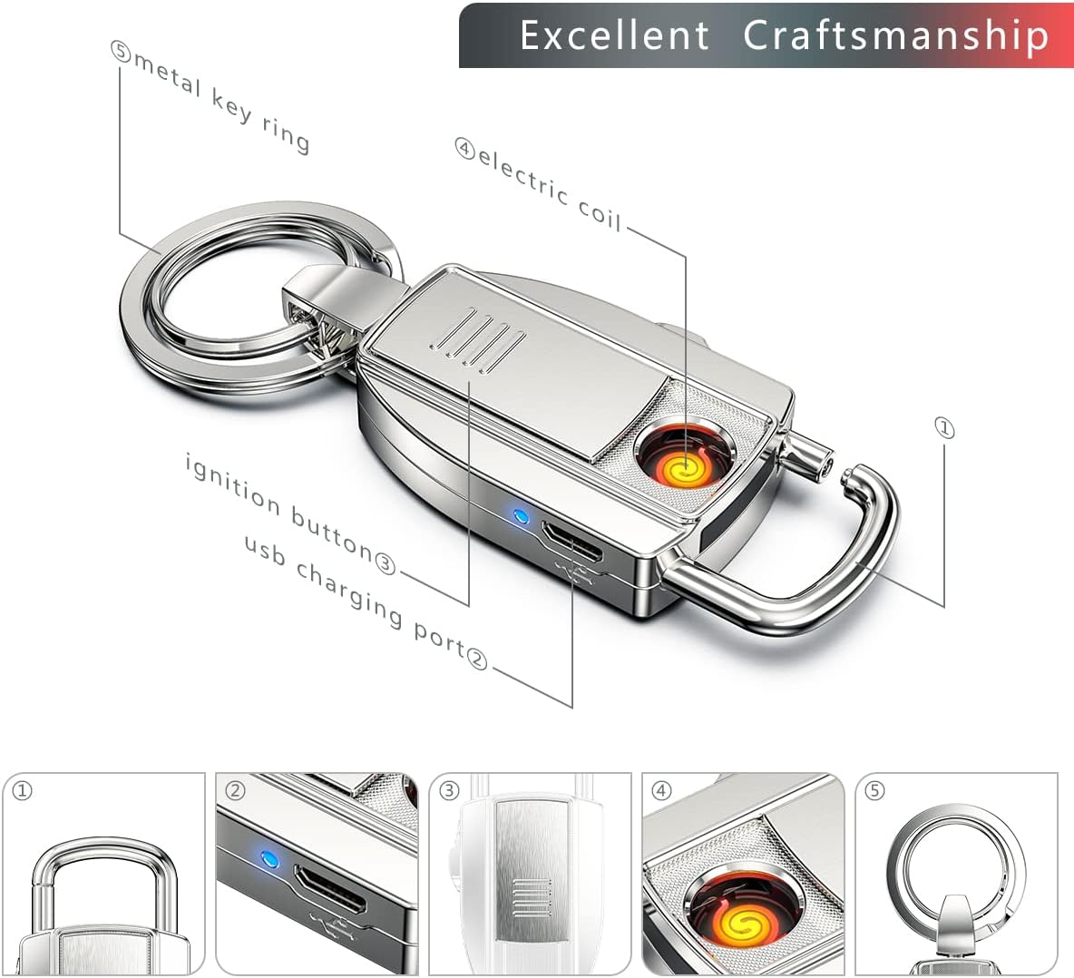 Electric USB Keychain Lighter Silver (Free 2 Tungsten Coil)