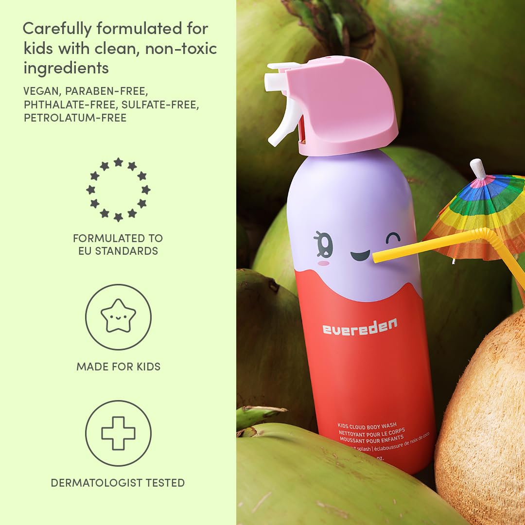 Evereden Kids Foam Body Wash | Dermatologist-Tested & Gentle | Fun Bathtime, Shape & Splash Fluffy Foam | Safe for Kids & Sensitive Skin | Clean, Vegan, Coconut Splash, 6.7 fl oz