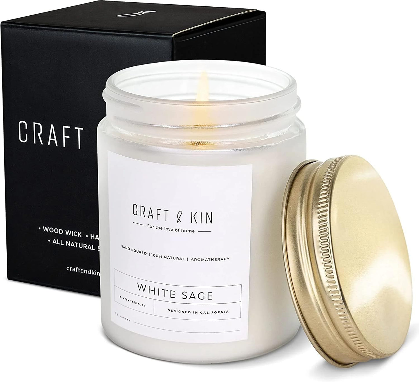 Craft & Kin Premium White Sage Scented Candle – Long Lasting, 45 Hour Burn Time – Luxury Natural Soy Scented Candle – Room Decor and Aromatherapy – 8 oz