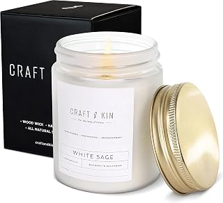 Craft & Kin Premium White Sage Scented Candle – Long Lasting, 45 Hour Burn Time – Luxury Natural Soy Scented Candle – Room Decor and Aromatherapy – 8 oz