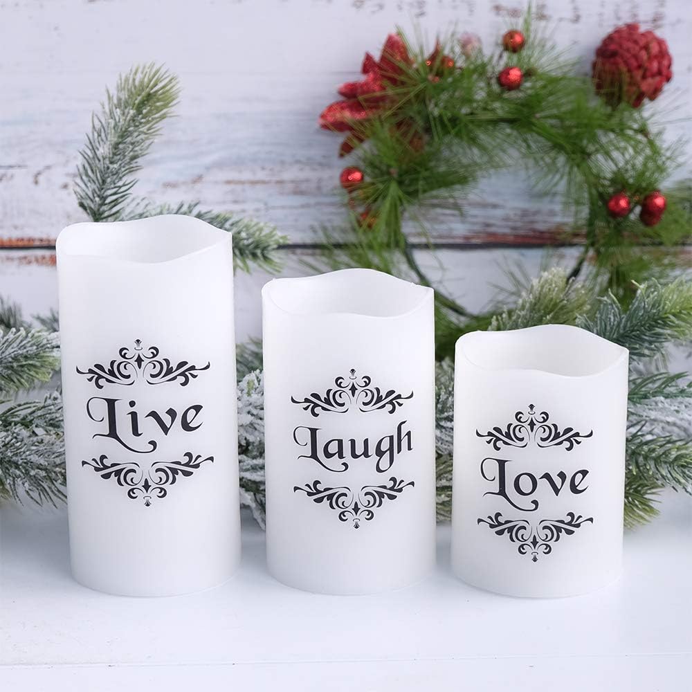 Color Changing LED Flameless Candles with 18-Key Remote and Timer, Live Love Laugh Decals Battery Operated LED Flickering Pillar Candles Dinner Wedding Decor 3 x 4, 5, 6