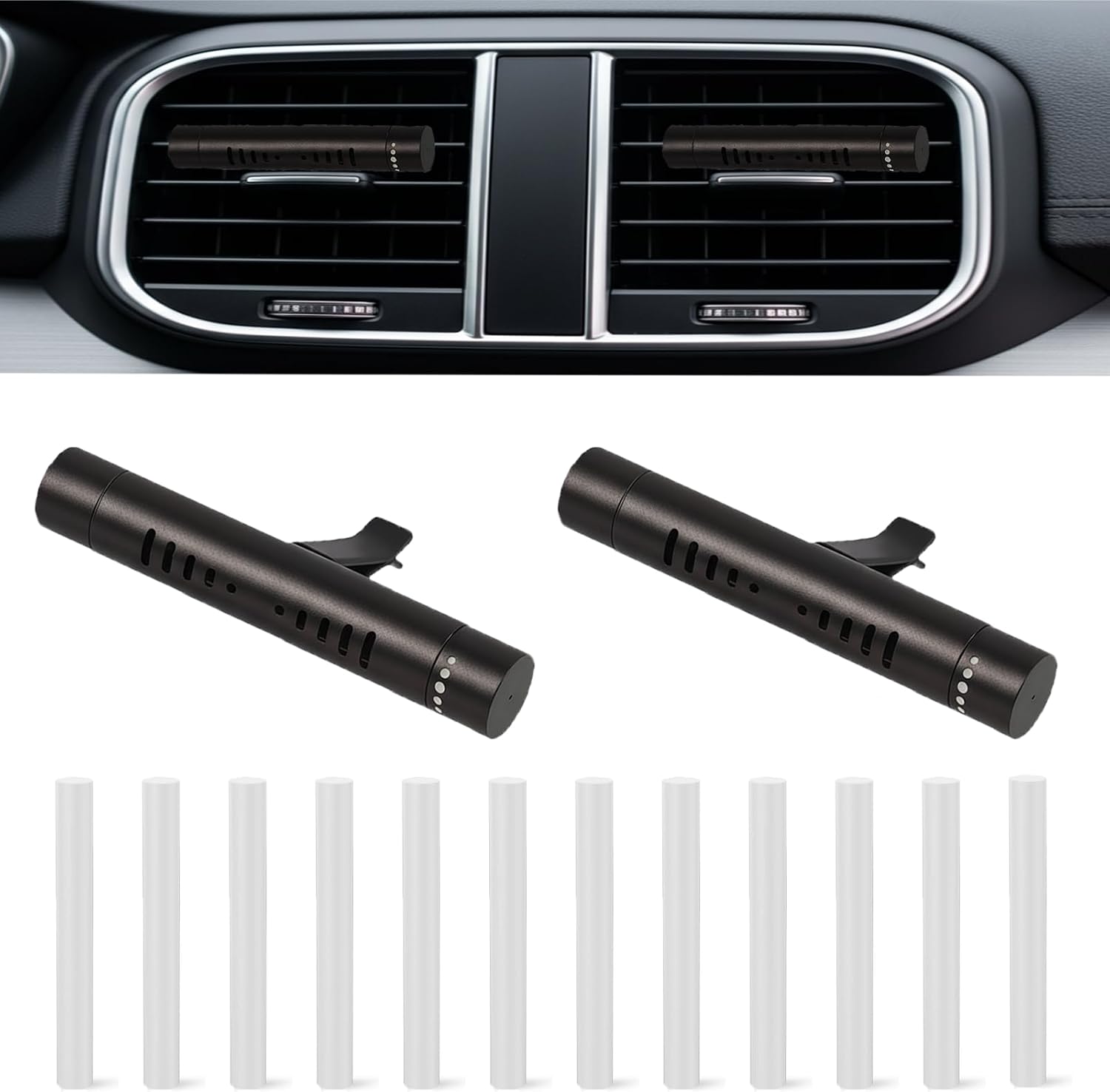 2 Pcs Car Air Essential Oil Diffuser Vent Clip with 12 Pcs Odorless Refill Sticks, Premium Aluminum Air Freshener Diffuser Suitable for Cars, Office, Kitchen (Black, 2 Pcs)