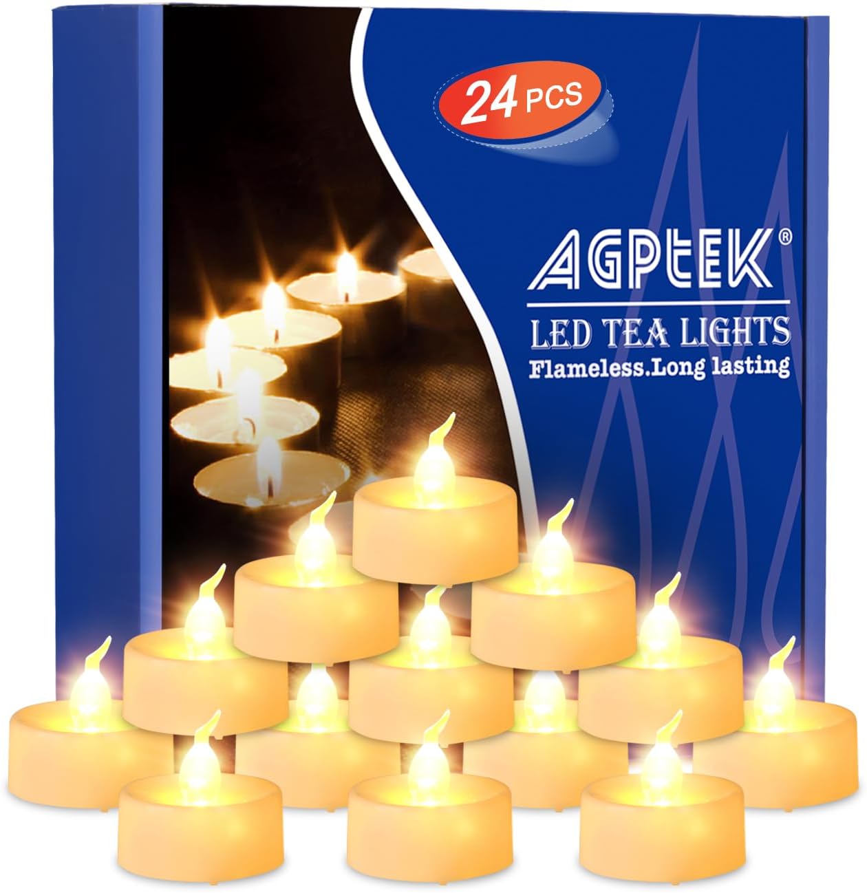AGPTEK Timer Tea Lights No Flicker Flameless LED Tealights Candles 24 Pack Battery Operated Long Lasting Tealights for Wedding Holiday Christmas Party Home Decoration Warm White