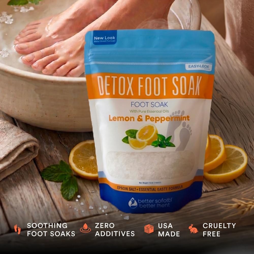 Detox Foot Soak Salts 32 Ounces with Lemon, Peppermint, Lavender Frankincense Essential Oils BPA Free Pouch with Easy Press-Lock Seal Soothe Athletes Foot, Soften Calluses, Relax Tired Feet