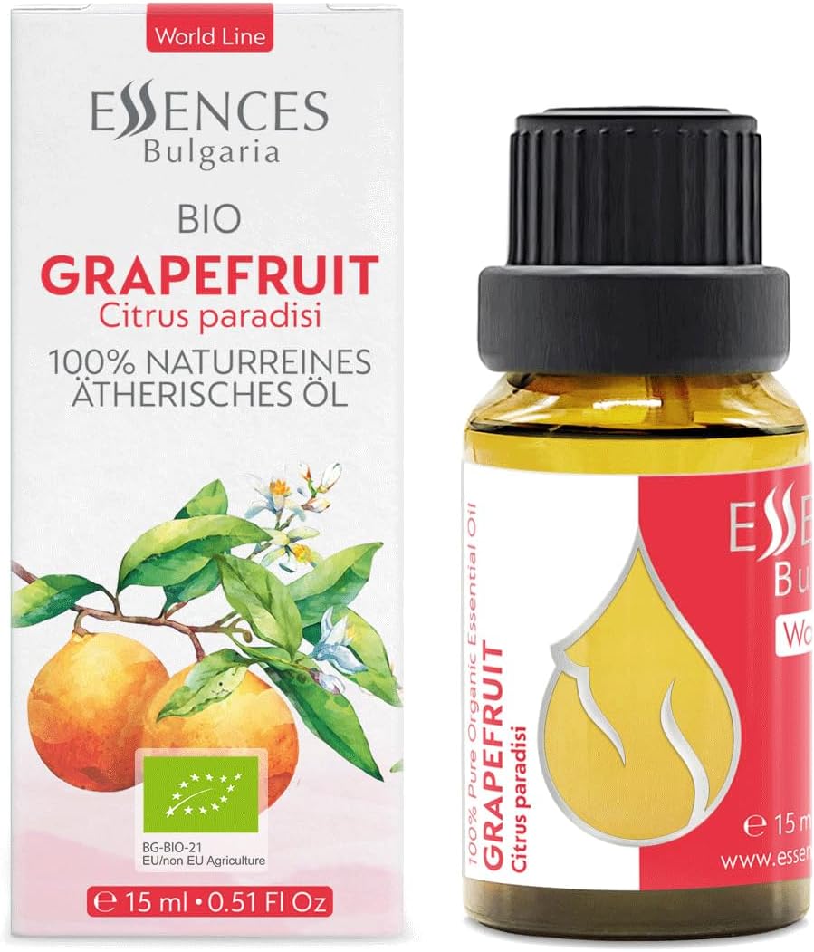 Essences Bulgaria Organic Grapefruit Essential Oil 0.51 Fl Oz 15ml Citrus paradisi 100% Pure Natural Undiluted Therapeutic Grade for Home Aromatherapy Home Diffuser Humidifier Hot Tub and Massage Oil