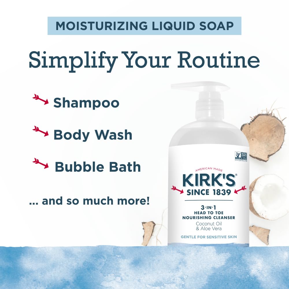 Kirk's Original Fresh 3-in-1 Nourishing Cleanser, Shampoo Body Wash Bubble Bath, Coconut Oil and Aloe Vera, Vegan Non-GMO, 32 Fl Oz, Pack of 2