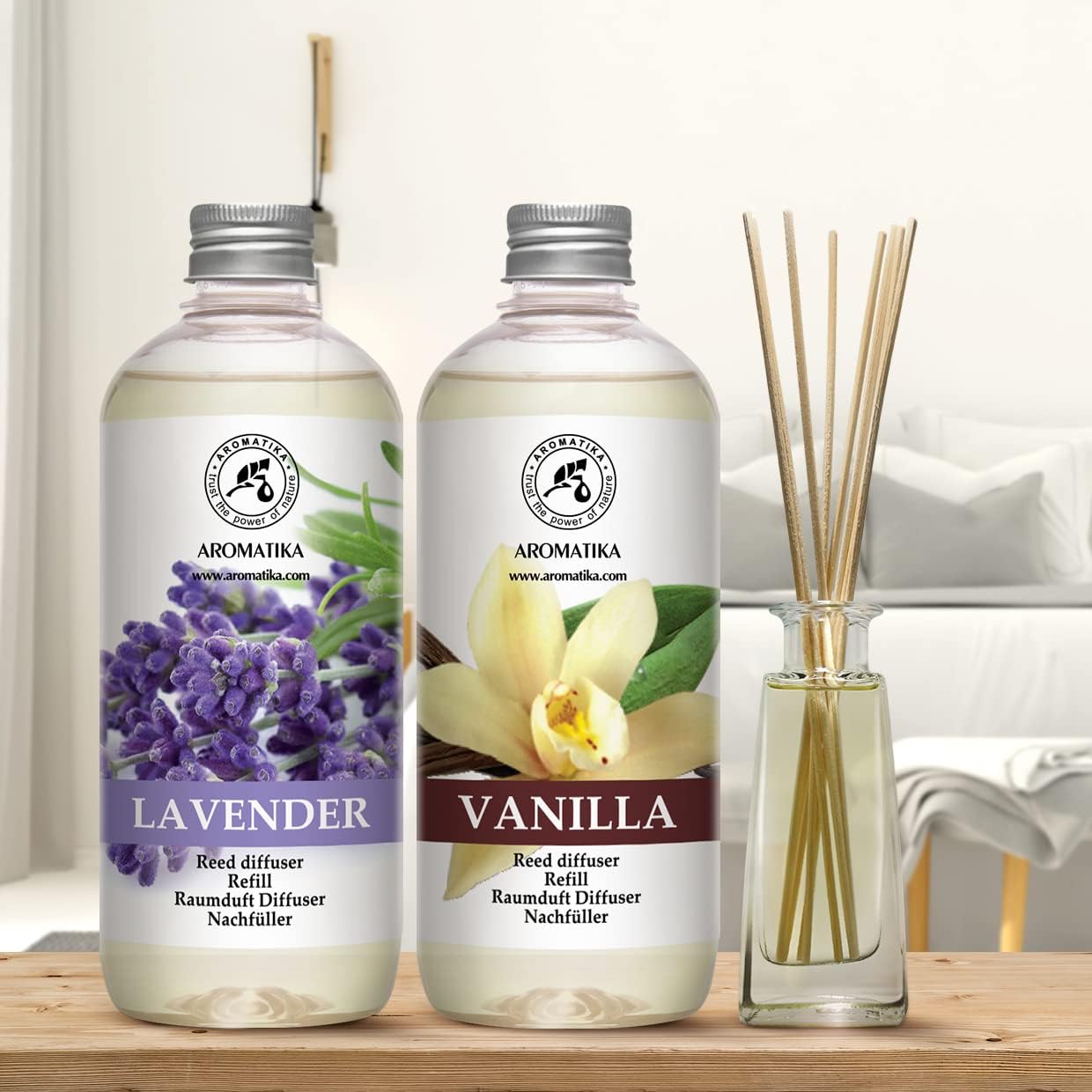 Reed Diffuser Refill Set Vanilla & Lavender with Lavender Essential Oil 34 Fl Oz - 2x500ml - Fragrance Oil Reed Diffuser Refill - Room Freshener - Floral Fragrance - Fresh and Long Lasting Fragrance