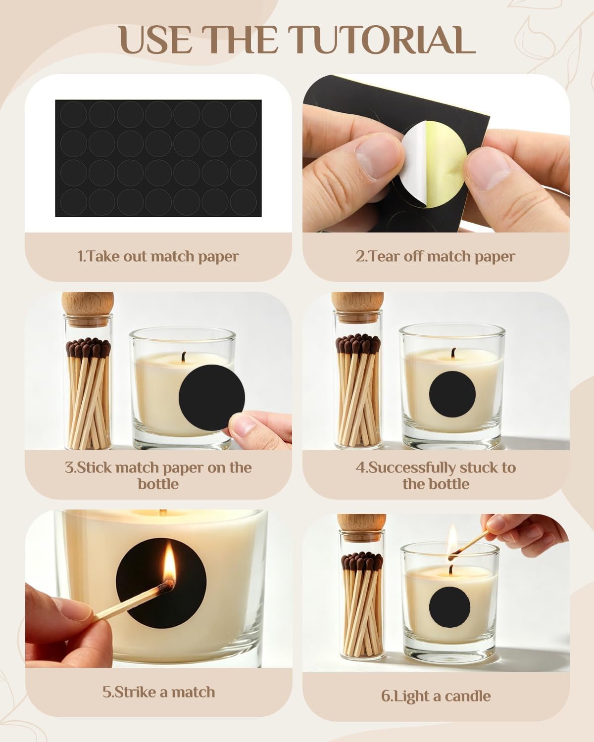 70 PCS Match Striker Stickers, Match Striker Paper with Adhesive, Ideal for Fireplace Matches, Jars, Candles, Camping (Black)