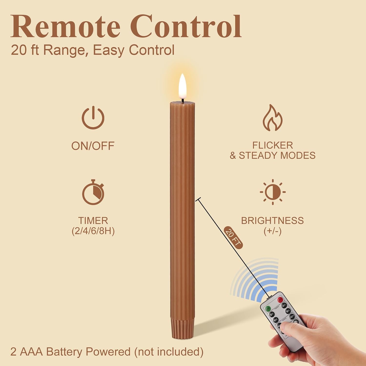 Brown Ribbed Fluted Flameless Taper Candles with Remote, Flickering Battery LED Wax Candlesticks Wedding Table Decor Set of 4