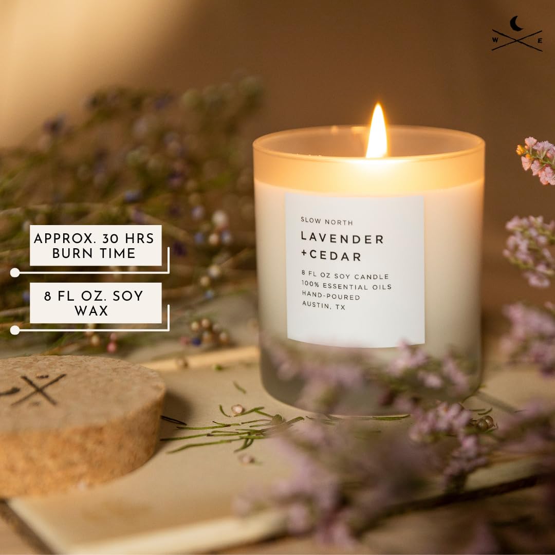 Slow North Lavender + Cedar Candle - Essential Oils and Pure Soy Wax Candle in a Reusable Frosted Glass Jar - A Unique Scented Candle Hand-Poured in the USA (8 oz)