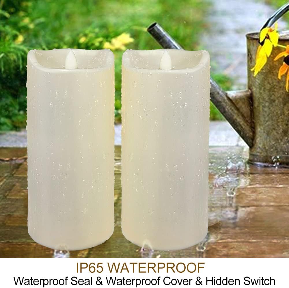 Pack of 2 Large Outdoor LED Pillar Candles 4x8 with Timer and Remote - IP65 Waterproof Battery Operated LED Pillar Candles Ivory Body - Oblique Edge Flickering Flameless Pillar Candles