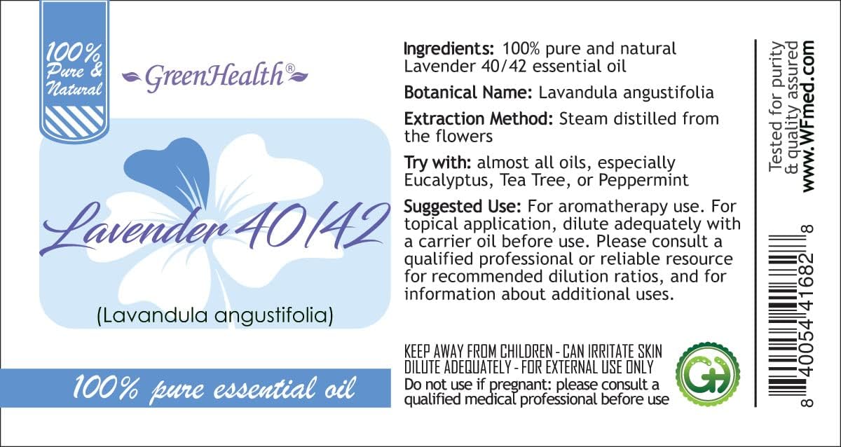 Lavender 40-42 – 4 fl oz (118 ml) Glass Bottle w/Glass Dropper – 100% Pure Essential Oil – GreenHealth