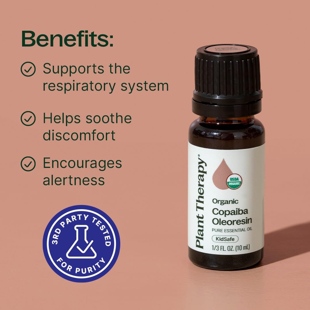 Plant Therapy Organic Copaiba Essential Oil (Oleoresin), 10 mL (1/3 oz), 100% Pure, USDA Certified Organic, Undiluted, Aromatherapy for Diffuser & Skincare