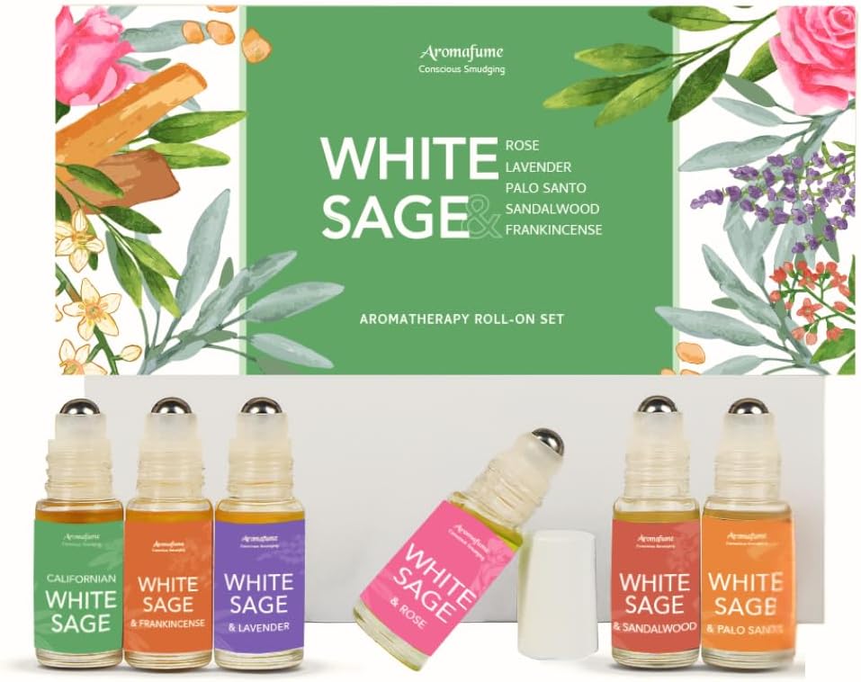 White Sage Essential Oil Roll-On Blend Set by Aromafume | 6x5ml | White Sage with Palo Santo, Rose, Sandalwood, Lavender & More | Aromatherapy Oil for Cleansing Negative Energy & Protection