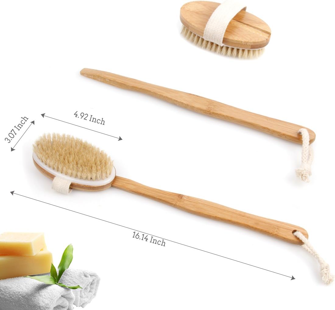 Bath Body Brush & Shower,Dry Skin Brushing with 100% Natural Boar Bristles & 16 inches Long Bamboo Detachable Handle,Back Scrubber for Exfoliates & Stimulates Blood Circulation-by Qlben