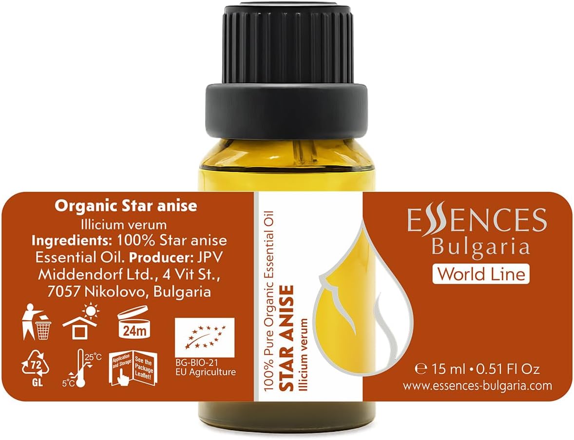 Essences Bulgaria Organic Star Anise Essential Oil 0.51 Fl Oz | 15ml | Illicium verum | 100% Pure | Natural | Undiluted | Therapeutic Grade | Aromatherapy | Cosmetics | Cruelty Free | Non-GMO | Vegan