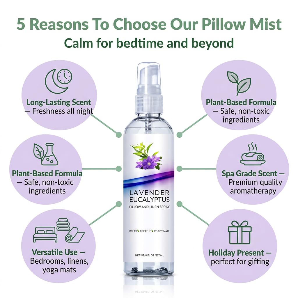 Lavender Eucalyptus Pillow Spray, Aromatherapy Linen & Bedding Mist, Natural Essential Oil Room Spritz for Relaxation, Stress and Air Freshener, Fabric Refresher for Calm Sleeping
