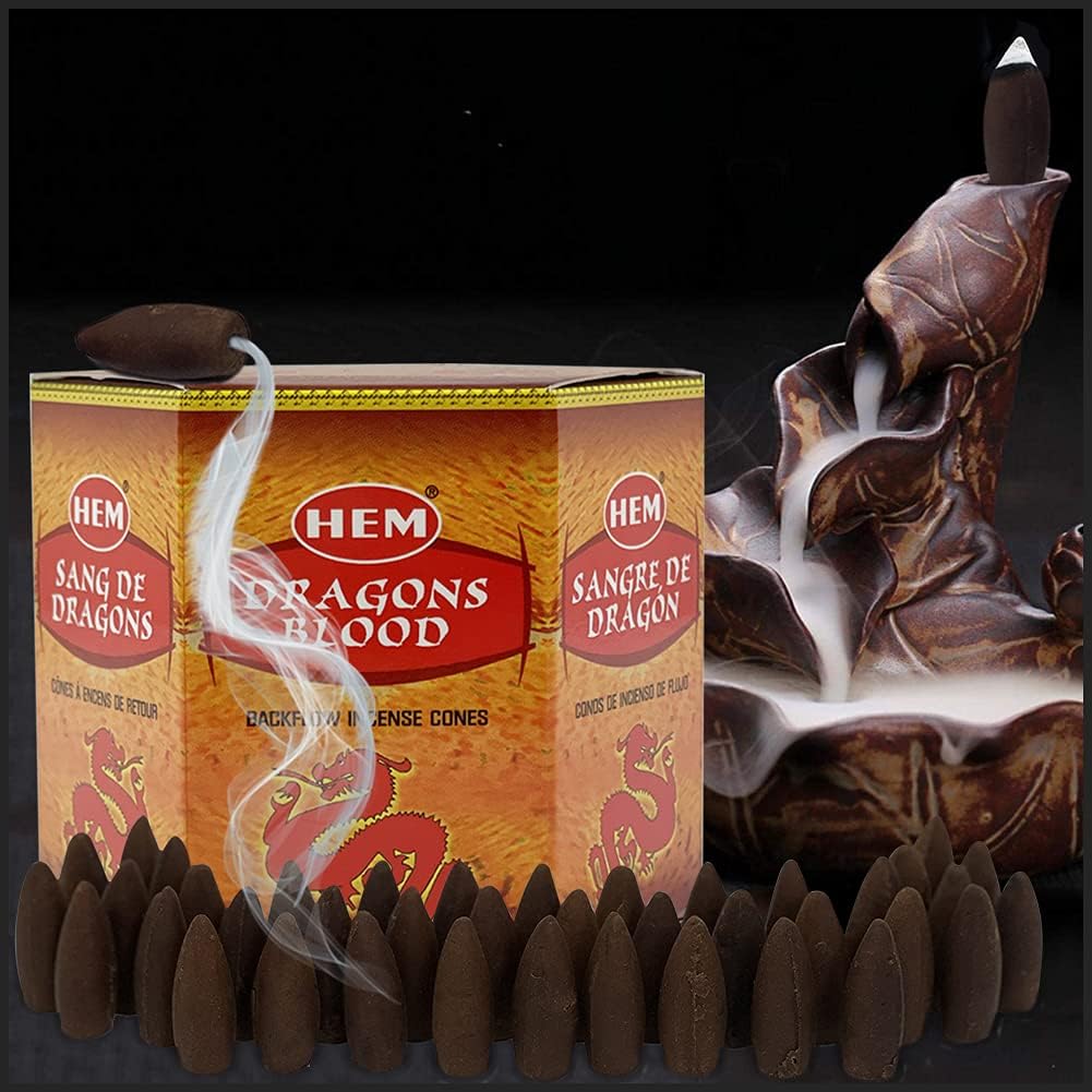 Dragons Blood Hem Backflow Incense Cones for Waterfall Aromatic Smoke Fountain Haze Falls - 40 Large Back Flow Incense Cones Scented