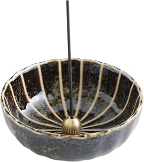 Asayu Japan Lotus Incense Holder for Sticks 4.1 inch (105mm), Traditional Made in Japan Ceramic Ash Catcher and Brass Incense Burner Set - Green Lotus