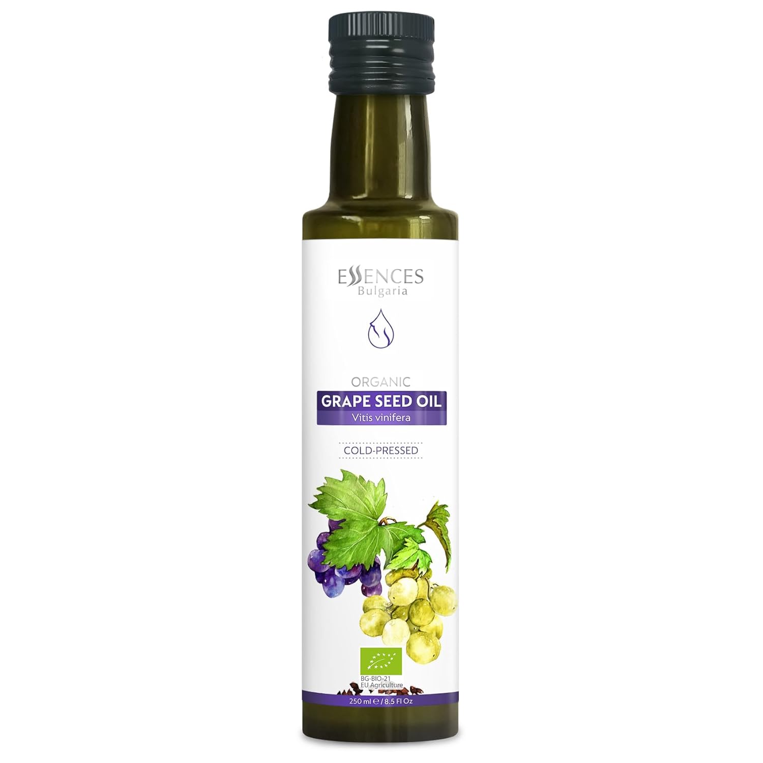 Essences Bulgaria Organic Grape Seed Oil 8.5 Fl Oz | 250ml | 100% Natural Cold-Pressed Oil | Extra Premium Quality | Excellent Taste | Dips | Salads | No Additives or Preservatives | Non-GMO | Vegan