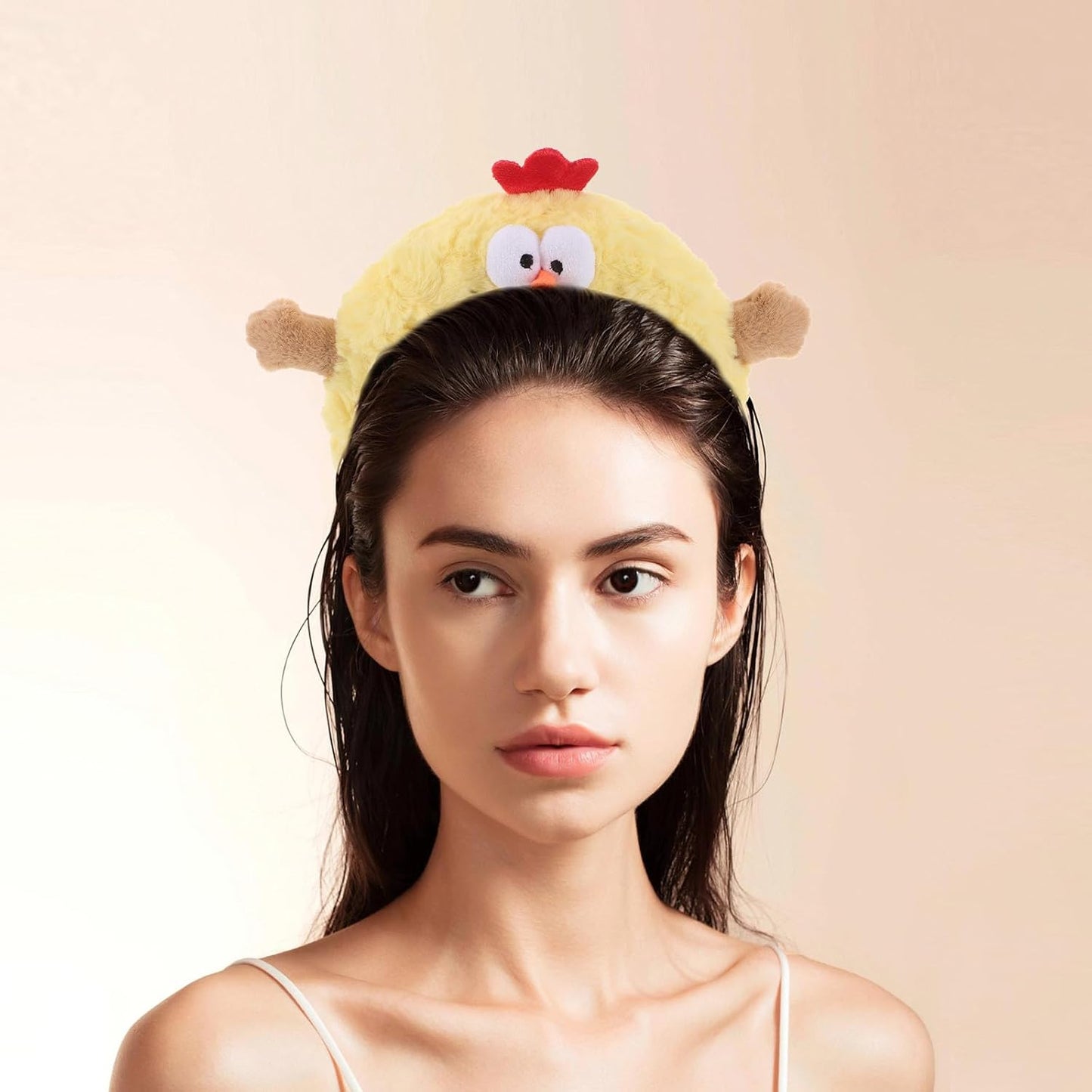Beavorty Funny Chicken Plush Headband for Makeup Skincare and Face Washing Cute Cartoon Chick Hair Accessory for Spa Days and Photo Props