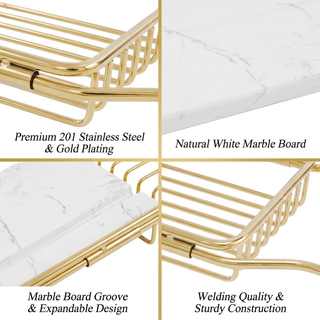 Bathtub Tray Caddy for Luxury Bath, Stainless Steel 26.8-35.4 in Expandable Extra Wide Bath Tub Tray with Natural Marble and Mobile/Tablet Stand, Ideal for Home Spa Lovers (Gold + White)