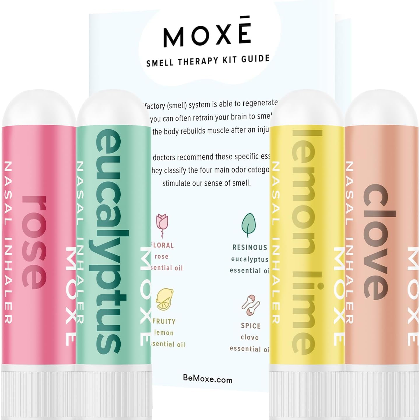 MOXE Scent Training Kit, Made in USA, 4 Essential Oils, Olfactory Regeneration, Helps Restore Sense of Scent, Natural Therapy for Anosmia, Lemon, Rose, Clove, Eucalyptus, Guidebook, Personal Log